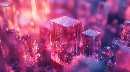 Poster - Abstract Pink Purple Glowing Cube Cityscape