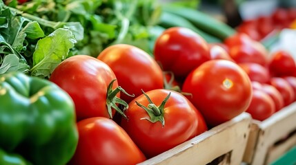 Poster - Fresh ripe red tomatoes and green bell peppers displayed at a colorful vegetable market stand : Generative AI