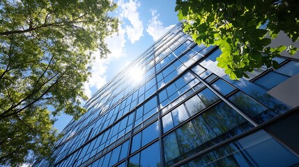 Aufkleber - Modern glass building reflecting sunlight amidst leafy trees under a bright sky : Generative AI
