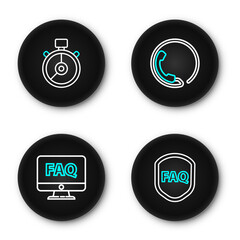 Poster - Set line Shield with text FAQ, Computer monitor and, Telephone 24 hours support and Stopwatch icon. Vector