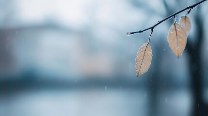 Poster - Raindrops falling on golden autumn leaves hanging delicately from a branch in a blurred serene setting : Generative AI