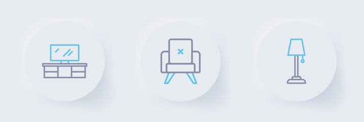 Poster - set line floor lamp, armchair and tv table stand icon. vector
