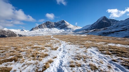 Poster - Picturesque alpine landscape with a snowy pathway across a vast grassy meadow under a bright blue sky : Generative AI