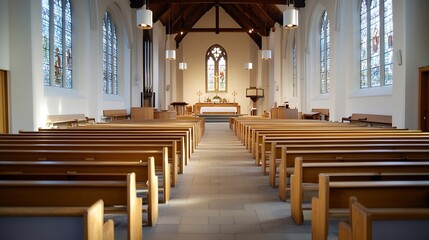 Aufkleber - Inviting interior of a modern church featuring wooden pews and beautiful stained glass windows : Generative AI
