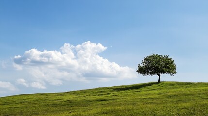 Poster - A lush green tree stands alone on a gently rolling hill under a bright blue sky with fluffy clouds : Generative AI