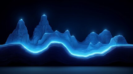Poster - abstract blue topographic landscape with glowing peaks and layered terrain