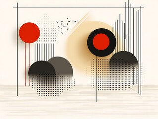 Aufkleber - Abstract geometric composition with circles, lines, and halftone patterns