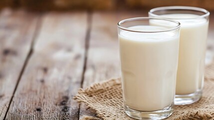 Poster - Two glasses of fresh milk on a rustic wooden table showcasing a healthy beverage choice : Generative AI