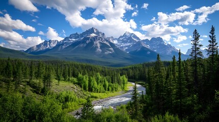 Aufkleber - Majestic mountain landscape with green forest and a flowing river under a bright blue sky : Generative AI