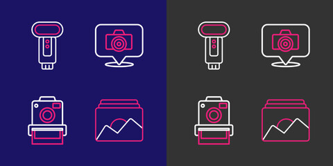 Poster - Set line Photo frame, camera, and flash icon. Vector