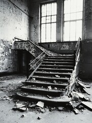 Aufkleber - Abandoned building staircase showcasing peeling paint and decay capturing the essence of neglect and history : Generative AI