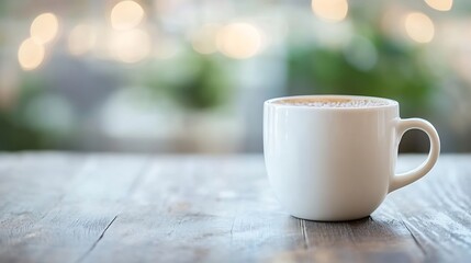 Aufkleber - Warm cup of coffee on rustic wooden table with a soft blurred background ambiance : Generative AI