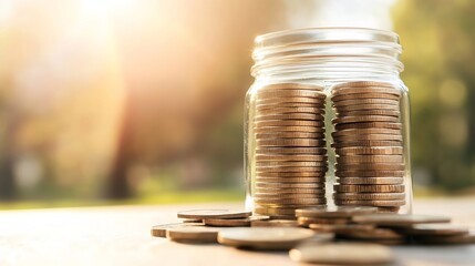 Fototapete - Glass jar filled with coins on a wooden table illuminated by sunlight in a natural setting : Generative AI