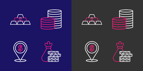 Poster - set line money bag and coin, cash location, coin money and gold bars icon. vector