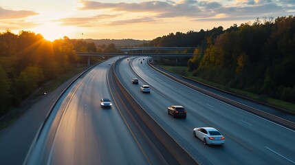 Aufkleber - Aerial view of vehicles traveling on a highway during sunset in a scenic landscape : Generative AI