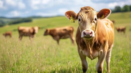Poster - A curious brown cow standing in a lush green meadow under a blue sky : Generative AI