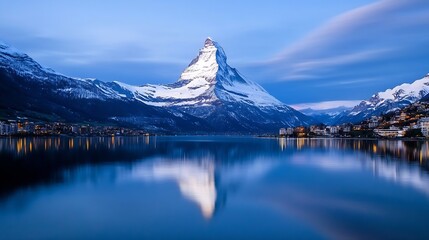 Poster - Stunning view of Matterhorn mountain and serene lake at dusk beautifully reflecting the snowy peaks and clouds : Generative AI
