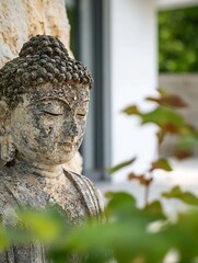 Aufkleber - Serenity captured in a detailed stone Buddha statue surrounded by lush greenery : Generative AI