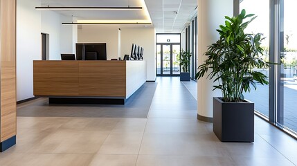 Aufkleber - Modern reception area featuring elegant design with wood elements and lush plants for a welcoming atmosphere : Generative AI