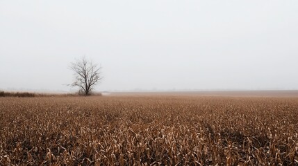 Poster - Foggy winter day with a solitary tree in a barren field under a gray sky : Generative AI