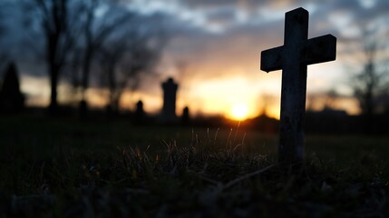 Poster - A Dramatic Sunset Over a Cemetery with a Distinct Cross Silhouette : Generative AI