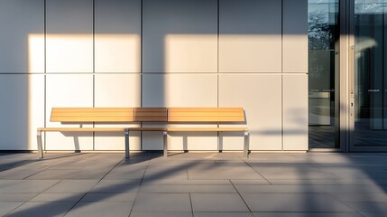 Aufkleber - Sunlit wooden bench showcasing modern architecture with clear shadows on a wall : Generative AI