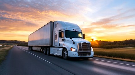 Aufkleber - Elegant white semi truck driving along a wide road during a picturesque sunset : Generative AI
