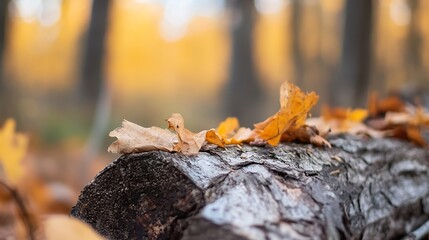 Aufkleber - Closeup view of autumn leaves on a log highlighting natural beauty and seasonal change in a forest : Generative AI