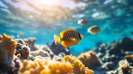 Poster - Vibrant Underwater Scene Featuring Colorful Coral and Diverse Tropical Fish Swimming in Crystal Clear Water : Generative AI