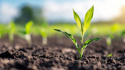 Poster - Young green plant sprouting from fertile dark soil in natural sunlight : Generative AI