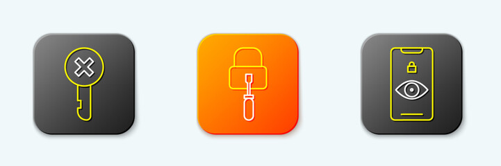 Poster - set line wrong key, lock picks for lock picking and eye scan icon. vector