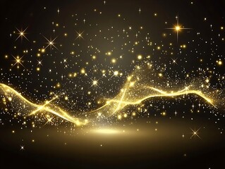 Poster - Golden particles and stardust trails on black background for celebration