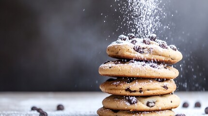 Poster - Stack of freshly baked chocolate chip cookies dusted with powdered sugar on a wooden table : Generative AI