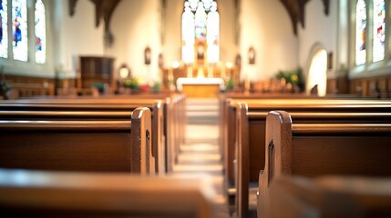 Aufkleber - Interior view of a beautiful church showcasing wooden pews and stained glass windows : Generative AI