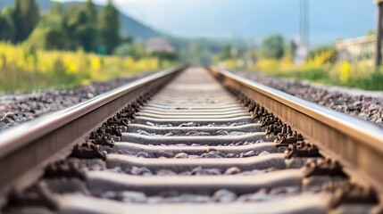 Aufkleber - CloseUp of Train Tracks Inviting a Journey Through Beautiful Natural Landscapes : Generative AI