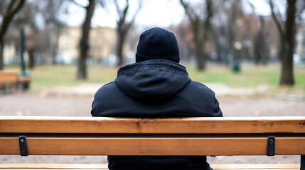 Poster - Lonely figure sitting on a bench in a park surrounded by trees during a calm day : Generative AI