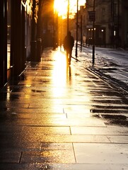 Aufkleber - Silhouette of a person walking on a reflective street at sunset with long shadows : Generative AI