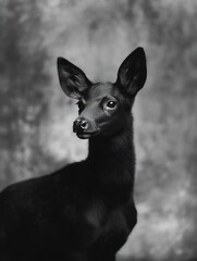 Poster - Elegant black and white portrait of a young deer with expressive eyes showcasing beauty in stillness : Generative AI