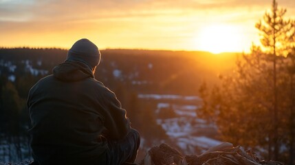Poster - Silhouette of a man sitting on a rocky ledge watching a breathtaking sunset over a tranquil valley : Generative AI