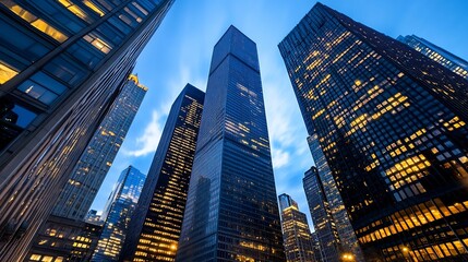 Poster - Tall skyscrapers illuminated at dusk creating a stunning urban skyline view with clouds : Generative AI