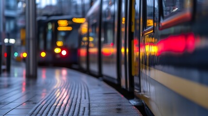 Poster - Nighttime urban scene with reflections from tram stop in a bustling city : Generative AI