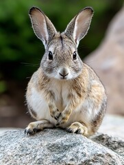 Poster - Curious rabbit sitting on a rock displaying its adorable features and fluffy fur in natural surroundings : Generative AI