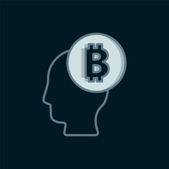 Poster - Line Bitcoin think icon isolated on black background. Cryptocurrency head. Blockchain technology, digital money market, cryptocoin wallet. Flat filled outline style with shadow. Vector