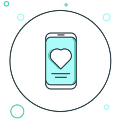 Poster - Line Smartphone with heart rate monitor function icon isolated on white background. Colorful outline concept. Vector