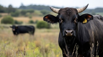 Poster - Close up view of a black cow in a green meadow with another cow blurred in the background highlighting rural life : Generative AI