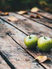 Aufkleber - Two fresh green apples resting on a rustic wooden surface surrounded by autumn leaves creating a seasonal atmosphere : Generative AI