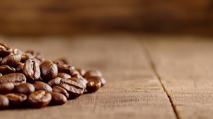 Poster - Closeup of roasted coffee beans arranged on a wooden surface for an authentic feel : Generative AI