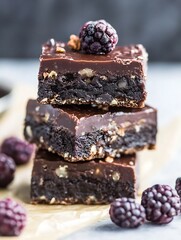 Poster - Decadent chocolate brownie squares topped with fresh blackberries on a dark kitchen counter : Generative AI