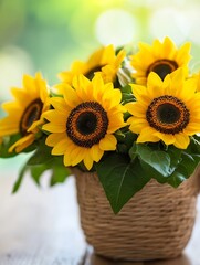 Poster - Beautiful Bouquet of Bright Yellow Sunflowers in a Woven Basket on a Wooden Table : Generative AI