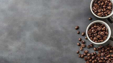 Poster - Two cups of roasted coffee beans on a dark tabletop emphasizing rich aroma and gourmet brewing : Generative AI
